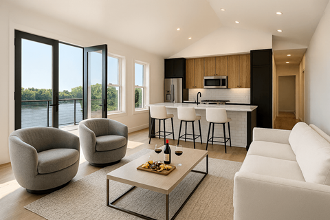 A modern living room with a view of the water.