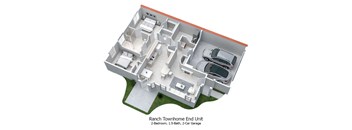 3-D floor plan of 2BR, 1.5BA Ranch Townhome End Unit with 2-Car Garage & Patio