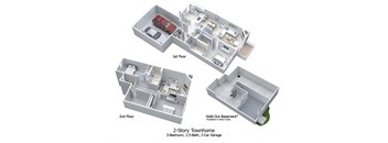 3-D floor plan of 3BR, 2.5BA, 2-StoryTownhome with 2-Car Garage & Deck (& Optional Walk-Out Basement)