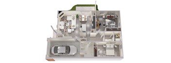 3-D floor plan of ranch townhome with 2-bedrooms & 1-bathroom as well as attached 1-car garage