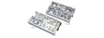 3-D floor plan of 2-story townhome with 3-bedrooms & 2.5 bathrooms as well as attached 1-car garage