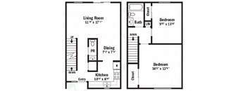 the floor plan of a small house with two bedrooms and a living room