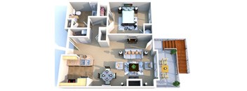 3-D floor plan of 1-bedroom, 1-bathroom apartment with fireplace, brownstone-style entrance, and front porch