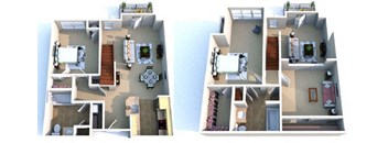 3-D floor plan of 2-bedroom, 2-bathroom, 2-story loft apartment with balcony