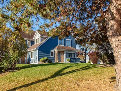 a blue house with a tree in front of it