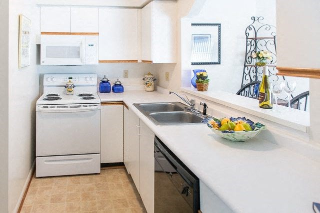 a white kitchen with a sink and a stove