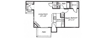 a floor plan of a small house with a kitchen and a living room