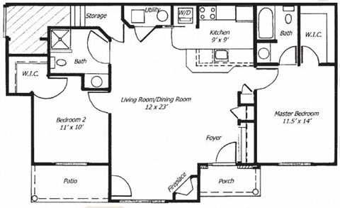 a floor plan of a 2 bedroom , living area and kitchen