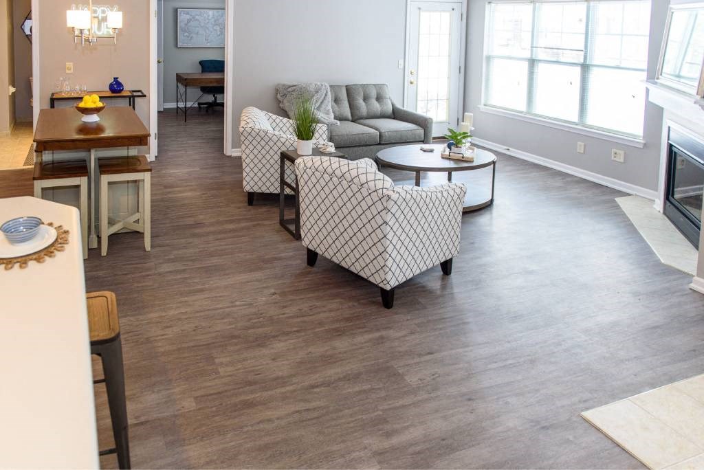 a living room with a couch and a table