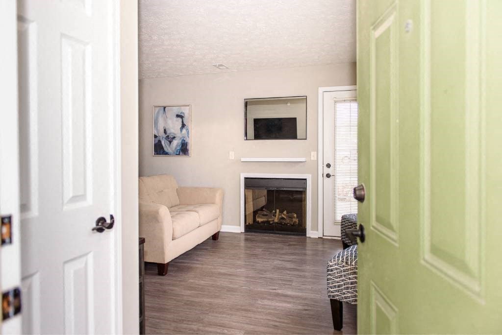 View from front door into ground floor apartment with plank flooring, fireplace, and doorway to private patio