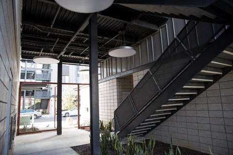 the stairs in the lobby of a building