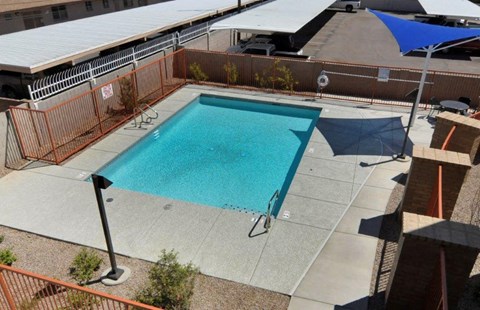 an aerial view of a swimming pool