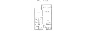 A floor plan of a 1 Bedroom - 660 Sq. Ft. apartment.