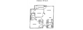 A floor plan of a 2 bedroom, 851 sq. ft. apartment with a living area, dining area, kitchen, and two bedrooms.
