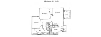 A floor plan of a 2 bedroom, 851 sq. ft. apartment.