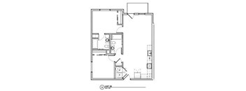 A floor plan of a unit shows a living room, a kitchen, and a bedroom.