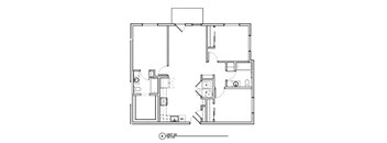 A floor plan of a unit with a living room, kitchen, and two bedrooms.