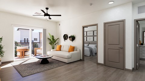 A modern living room with a white sofa and a brown door.