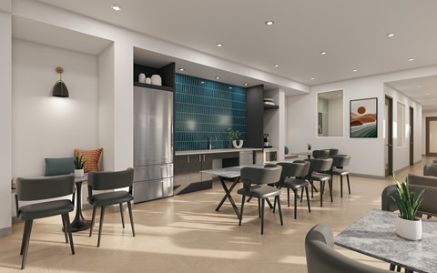 A modern living room with a dining area and a kitchen in the background.