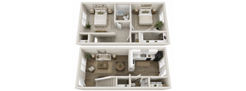A top-down view of a two-bedroom apartment with a living room, kitchen, and bathroom.