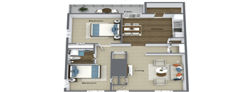 A floor plan of a house with two bedrooms, a living room, a kitchen, and a patio.