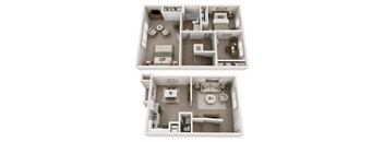 A 3D floor plan of a two-bedroom apartment.