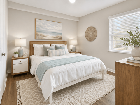 A bedroom with a large bed and a painting on the wall.