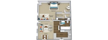 A floor plan of a small apartment with a bedroom, living room, dining room, kitchen, and bathroom.