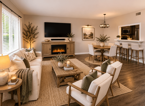 A cozy living room with a fireplace and a television.