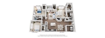 A 3D floor plan of a small apartment with a kitchen, living room, and two bedrooms.