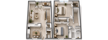 Two floor plan images of a house with a living room, kitchen, and bedrooms.
