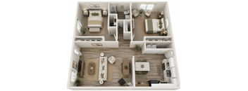 A top-down view of a well-organized apartment with two bedrooms, a living area, and a kitchen.