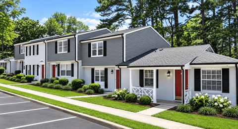 A row of houses with red doors and white trim.