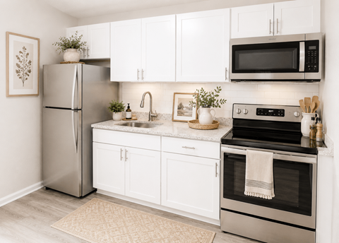 A modern kitchen with white cabinets and stainless steel appliances.