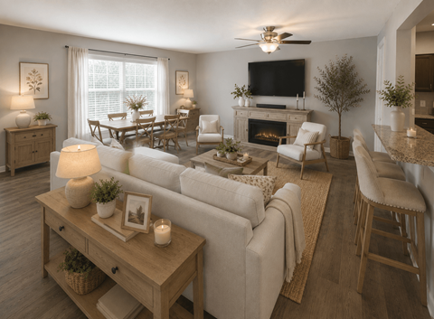 A living room with a fireplace and a television.