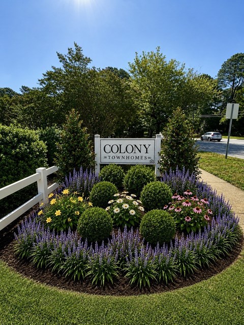 Colony Townhomes sign surrounded by flowers and greenery.