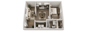 A top-down view of a small apartment with a kitchen, living room, and bathroom.