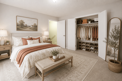 A bedroom with a large bed and a wardrobe.