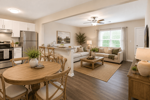 A well-lit, modern kitchen and dining area with a wooden table and chairs.
