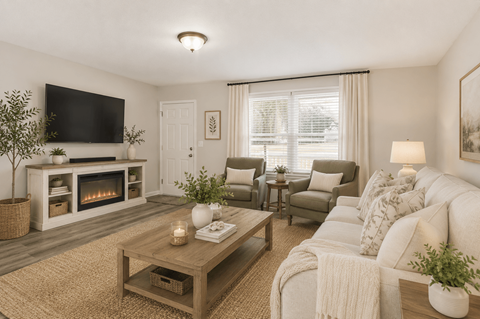 A living room with a fireplace and a television on the wall.