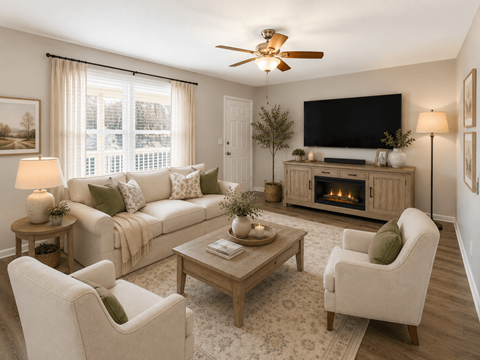 A living room with a couch, chairs, a coffee table, and a fireplace.