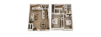 A top-down view of a two-story house interior with a living room, dining area, kitchen, and bedrooms.