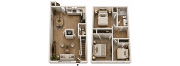 A diagram of a house layout with two bedrooms, a living room, a kitchen, a bathroom, and a dining area.