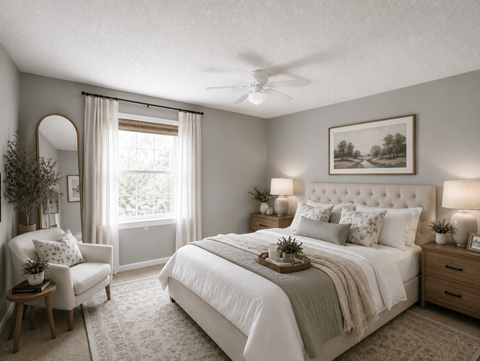 A bedroom with a large bed, a chair, and a painting on the wall.