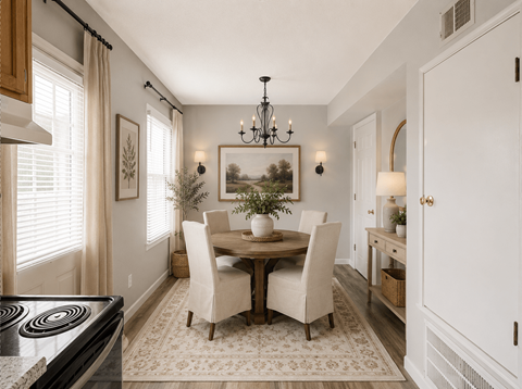 A dining room with a table set for four.