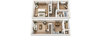 A top-down view of a two-bedroom apartment with a living room, kitchen, and bathroom.