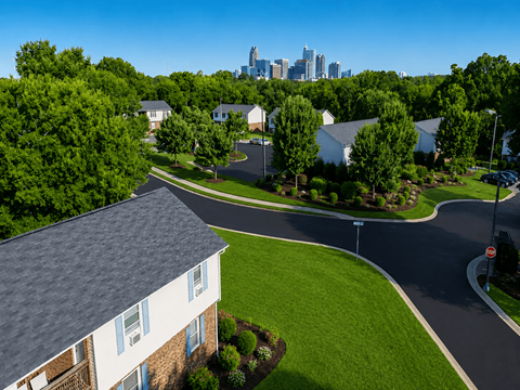 A residential area with houses and a road.
