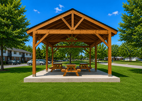 A wooden pavilion with picnic tables is situated in a grassy area.