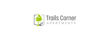 a green logo with a tree and the words trails corner apartments