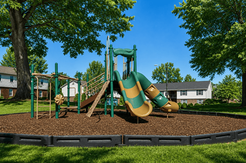 A playground with a green slide and brown sandbox.